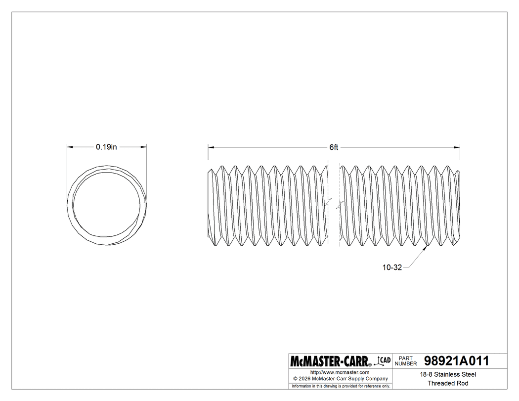 Technical Drawing of 18-8 Stainless Steel Threaded Rod, 10-32 Thread Size, 6 Feet Long.